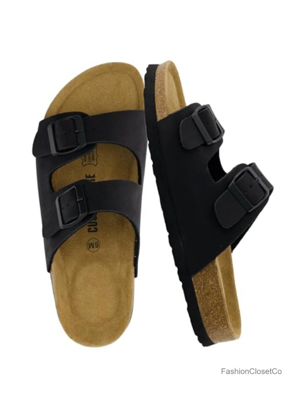 Cushionaure Lane Cork Footbed Womens Sandals Double Buckle Slip On Comfortable